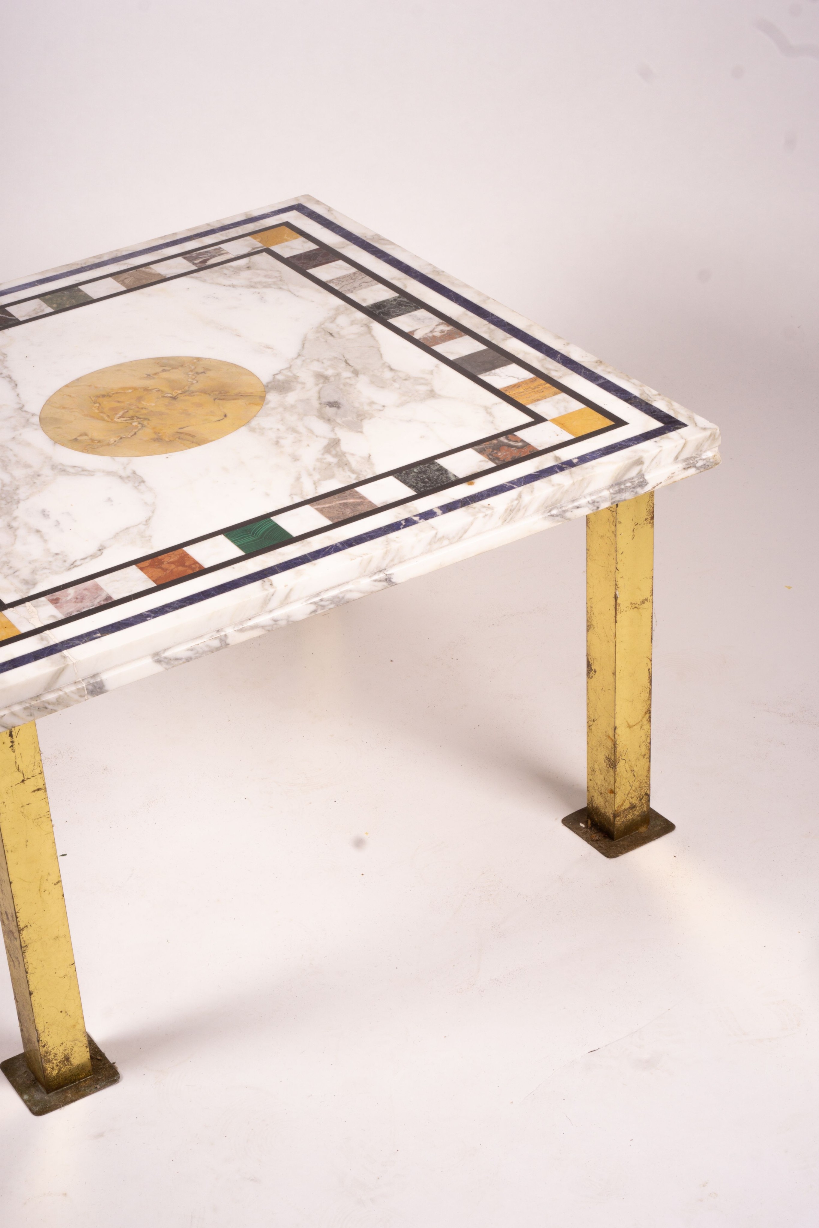 A square specimen marble and brass top low coffee table, width 86cm, height 52cm